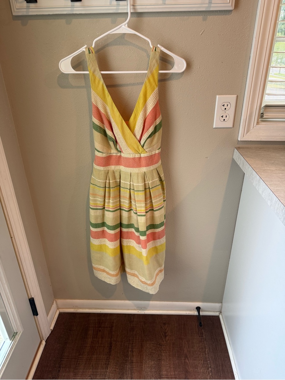Eva Franco Striped V-Neck Summer Dress in Yellow, Pink, Green - Women
